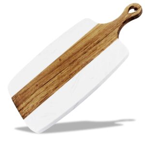 the live edge - acacia wood small marble and wooden decorative cutting board for kitchen, white marble and wood charcuterie board, small wooden marble cheese board with handle serving, chopping board