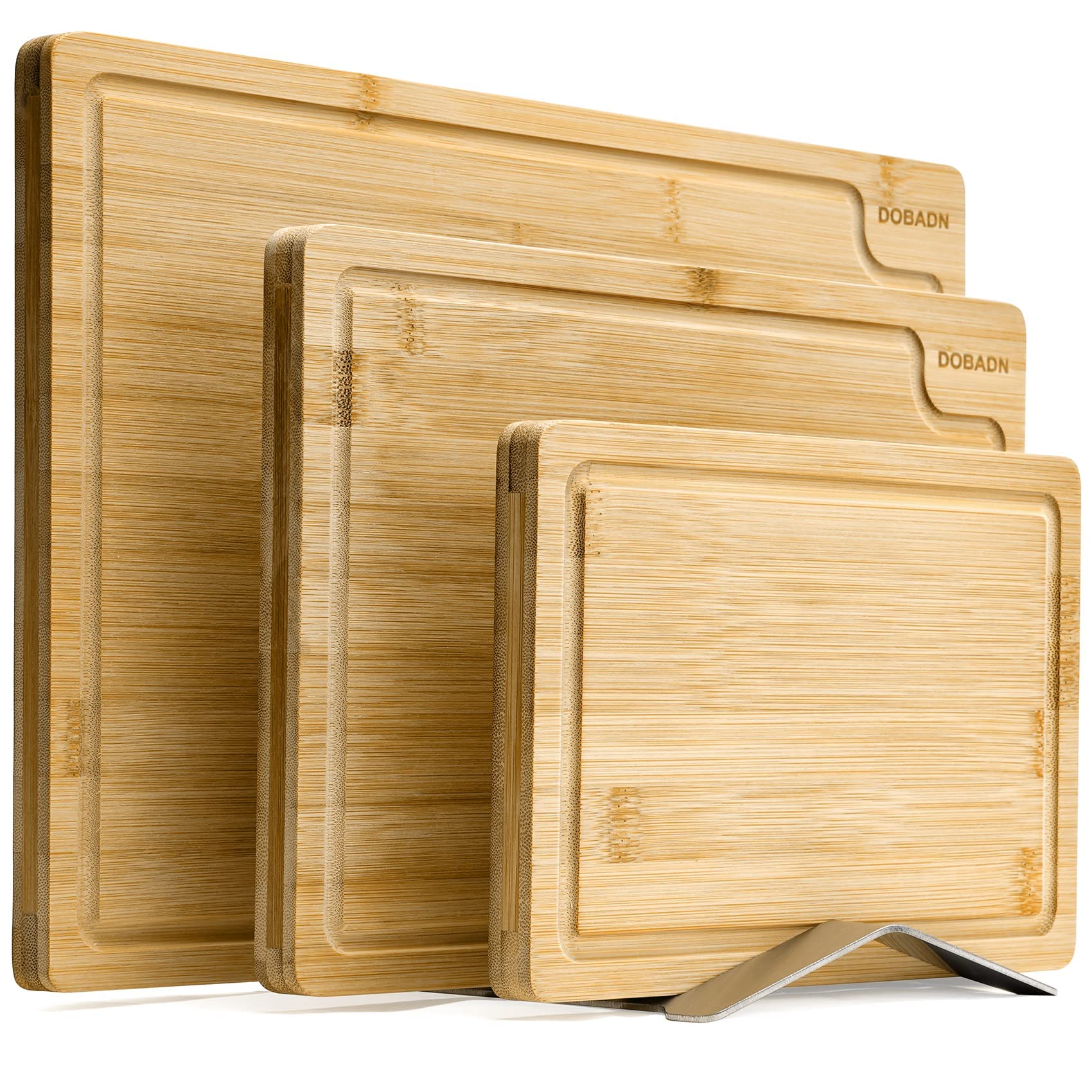 DOBADN Bamboo Cutting Board Set for Kitchen,（Set of 3）Chopping Boards with Juice Groove,Natural Wood Cutting Boards with Stainless Steel Holder,Cutting Board Set for Butcher Block,Cheese,Vegetables