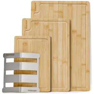 DOBADN Bamboo Cutting Board Set for Kitchen,（Set of 3）Chopping Boards with Juice Groove,Natural Wood Cutting Boards with Stainless Steel Holder,Cutting Board Set for Butcher Block,Cheese,Vegetables