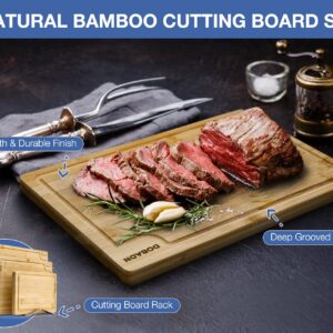 DOBADN Bamboo Cutting Board Set for Kitchen,（Set of 3）Chopping Boards with Juice Groove,Natural Wood Cutting Boards with Stainless Steel Holder,Cutting Board Set for Butcher Block,Cheese,Vegetables