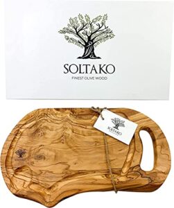 soltako olive wood cutting steak board, wooden charcuterie board, large cheese board, hand made serving platter, rustic chopping board with juice groove, chopping board with handle (17,7")