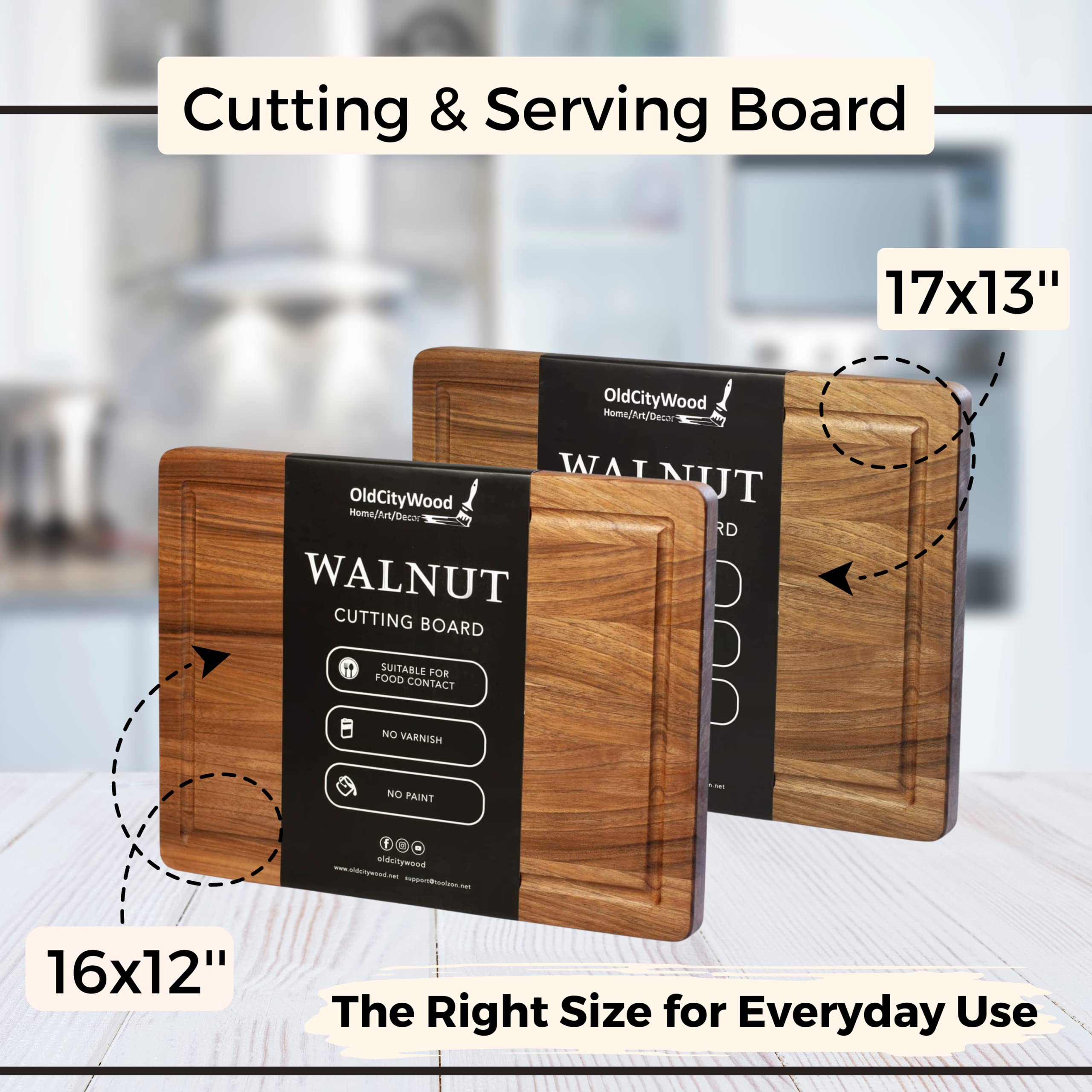 Walnut Wood Cutting Board For Kitchen 16x12'' with Juice Groove, Chopping Board Made of Walnut Wood for Meat, Cheese and Vegetables (Large, 16x12 inch)