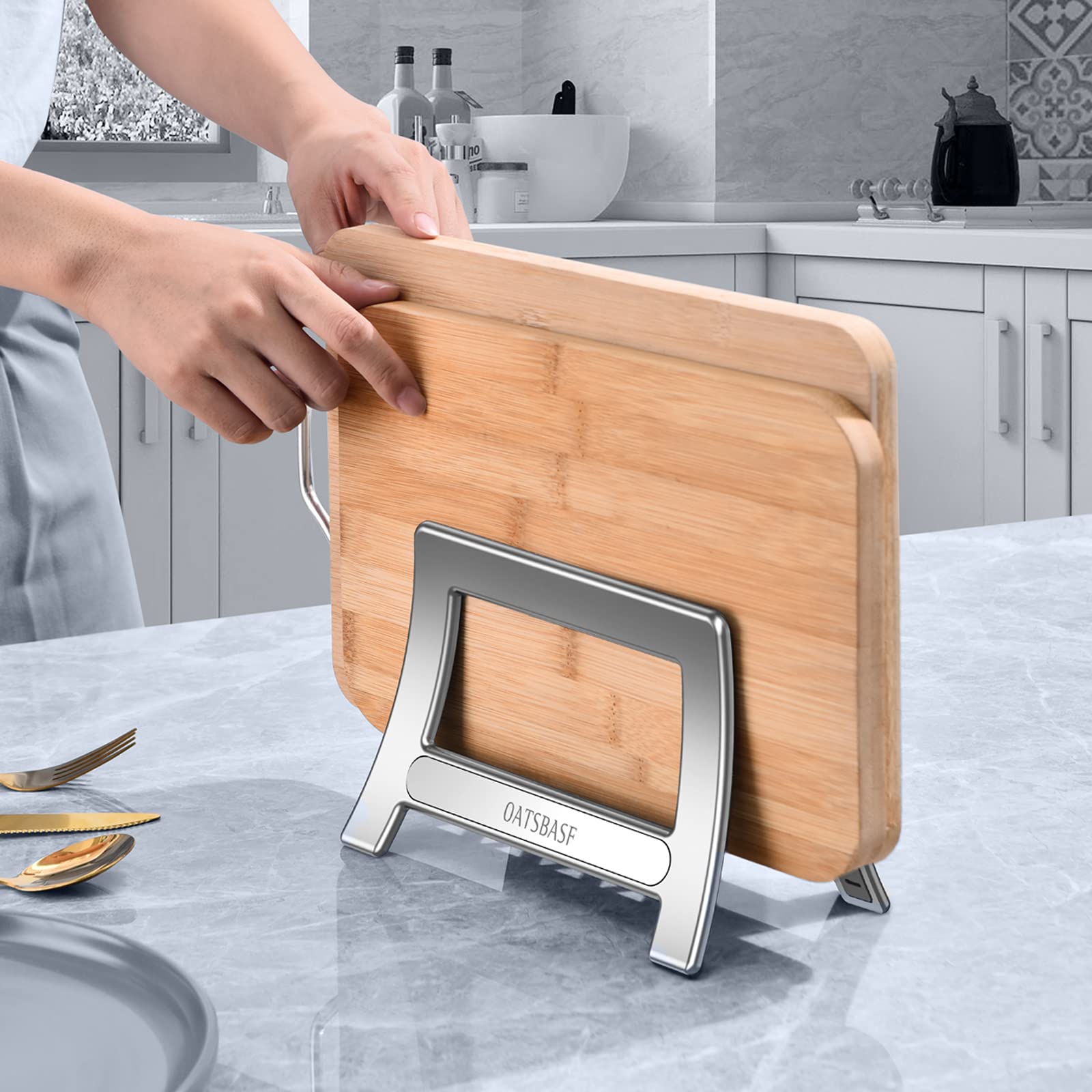 Cutting Board Holder, xuenair Cutting Board Rack Chopping Board Holder,Auto Width Adjustable Cutting Board Holder Stand for Countertop Counter Kitchen Cabinet (Silver)