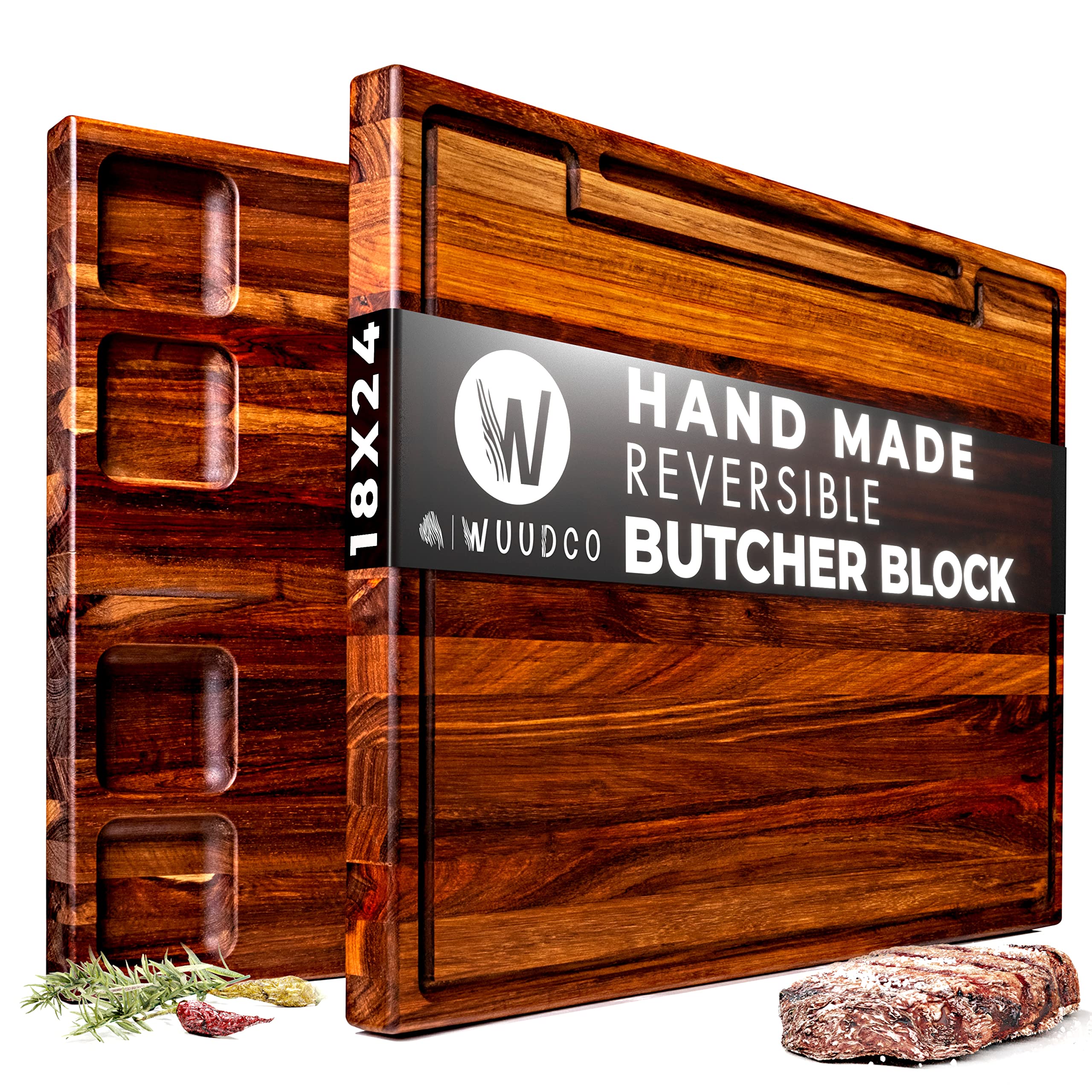 WuudCo Butcher Block Cutting Board | 18x24 Large Board for Meat Cutting, Large Charcuterie Board, Teak Handmade Cutting Boards, Thick Best Wood Cutting Board