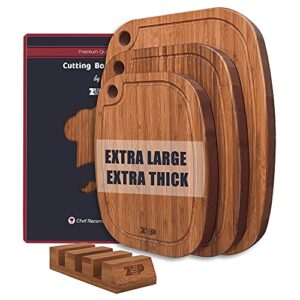 zvp extra thick bamboo cutting board for kitchen 4 pack, extra large wood chopping board set with juice grooves, butcher block, storage holder, for meat cheese and vegetables, walnut brown