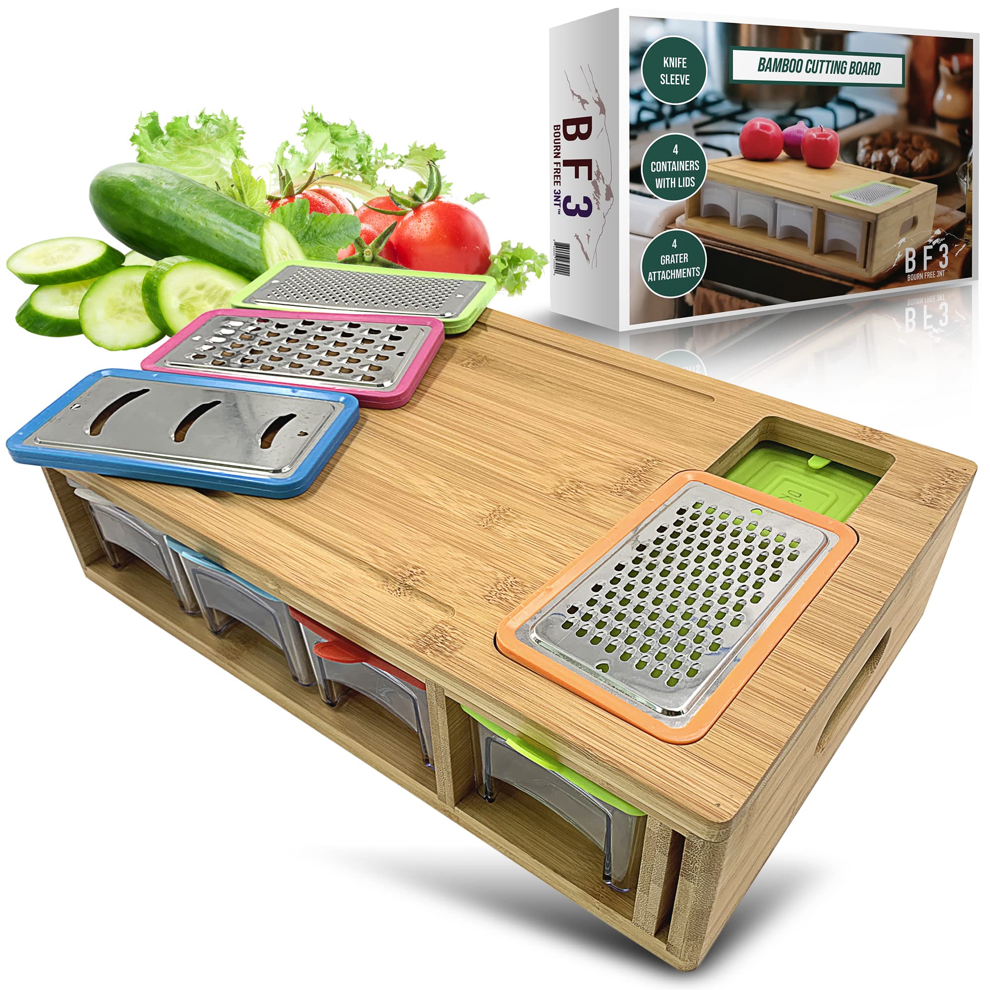 Bamboo Cutting Board with 4 Container Trays with Lids, with Juice Grooves, Knife Sleeve, Graters & Food Sliding Opening