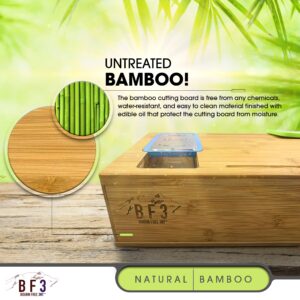 Bamboo Cutting Board with 4 Container Trays with Lids, with Juice Grooves, Knife Sleeve, Graters & Food Sliding Opening