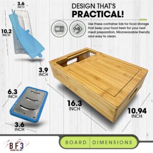 Bamboo Cutting Board with 4 Container Trays with Lids, with Juice Grooves, Knife Sleeve, Graters & Food Sliding Opening