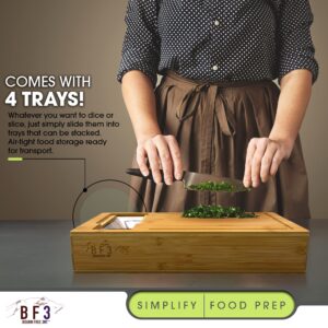 Bamboo Cutting Board with 4 Container Trays with Lids, with Juice Grooves, Knife Sleeve, Graters & Food Sliding Opening