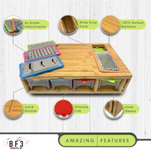 Bamboo Cutting Board with 4 Container Trays with Lids, with Juice Grooves, Knife Sleeve, Graters & Food Sliding Opening