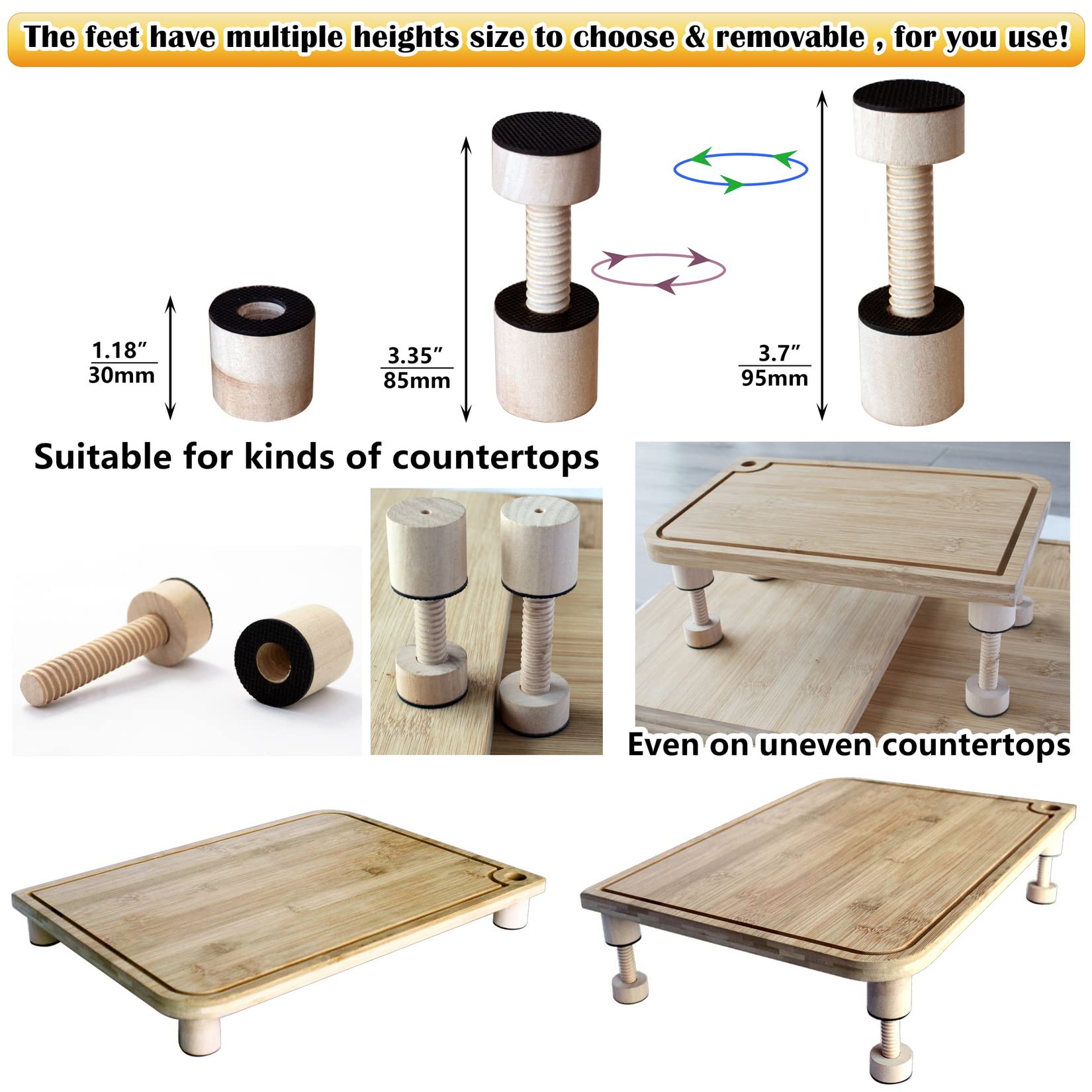 ANFU Cutting Board Adjustable Feet, Wood Adjustable Feet for Countertop Cutting Board- Kit to Elevate and Skid-Proof Your Cutting Board (Beige)