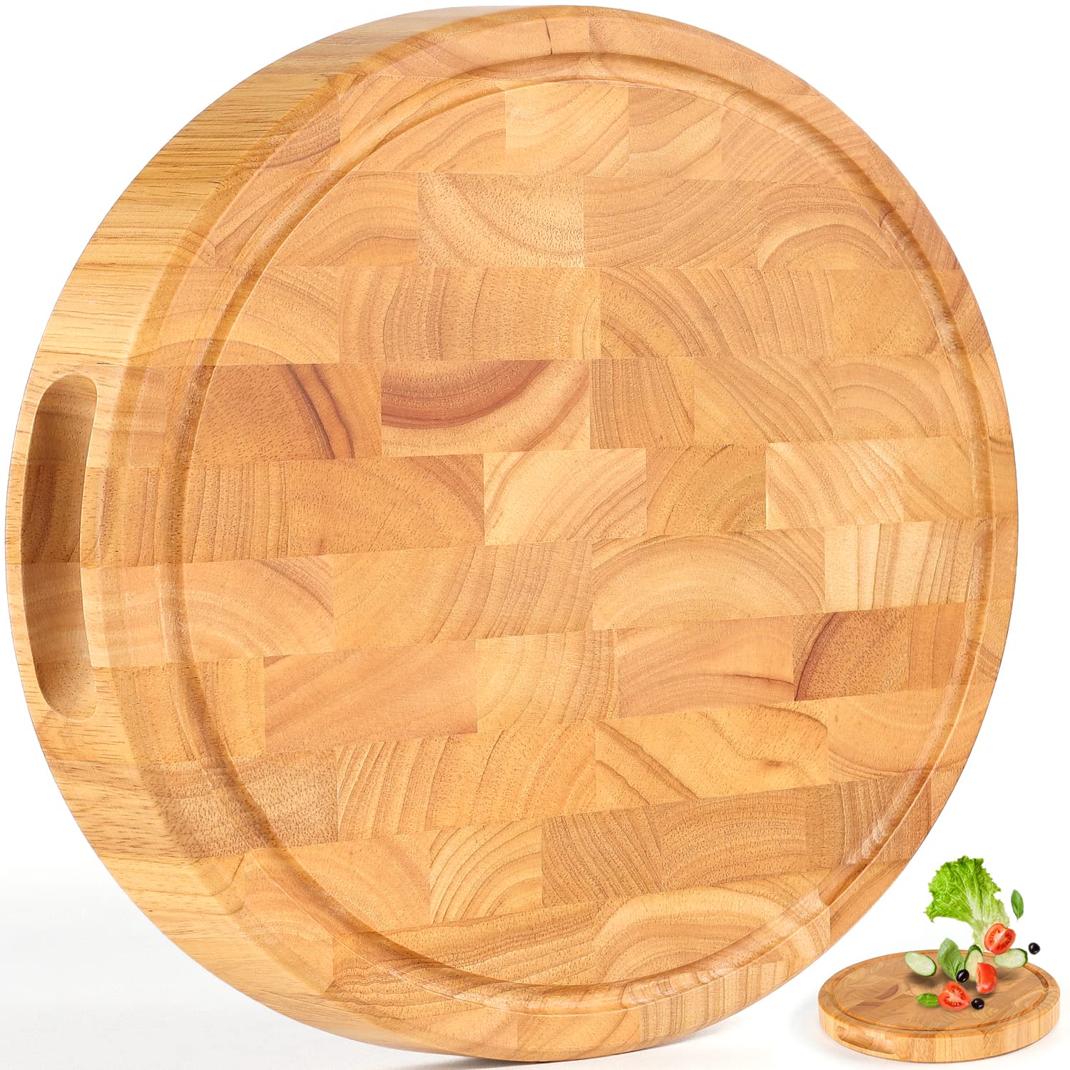 Wood Cutting Board (13in Round - 1.5in Thick) End Grain Cutting Board, Solid Wooden Butcher Block, Chopping Board For Kitchen with Juice Groove & Inner Handles One Size