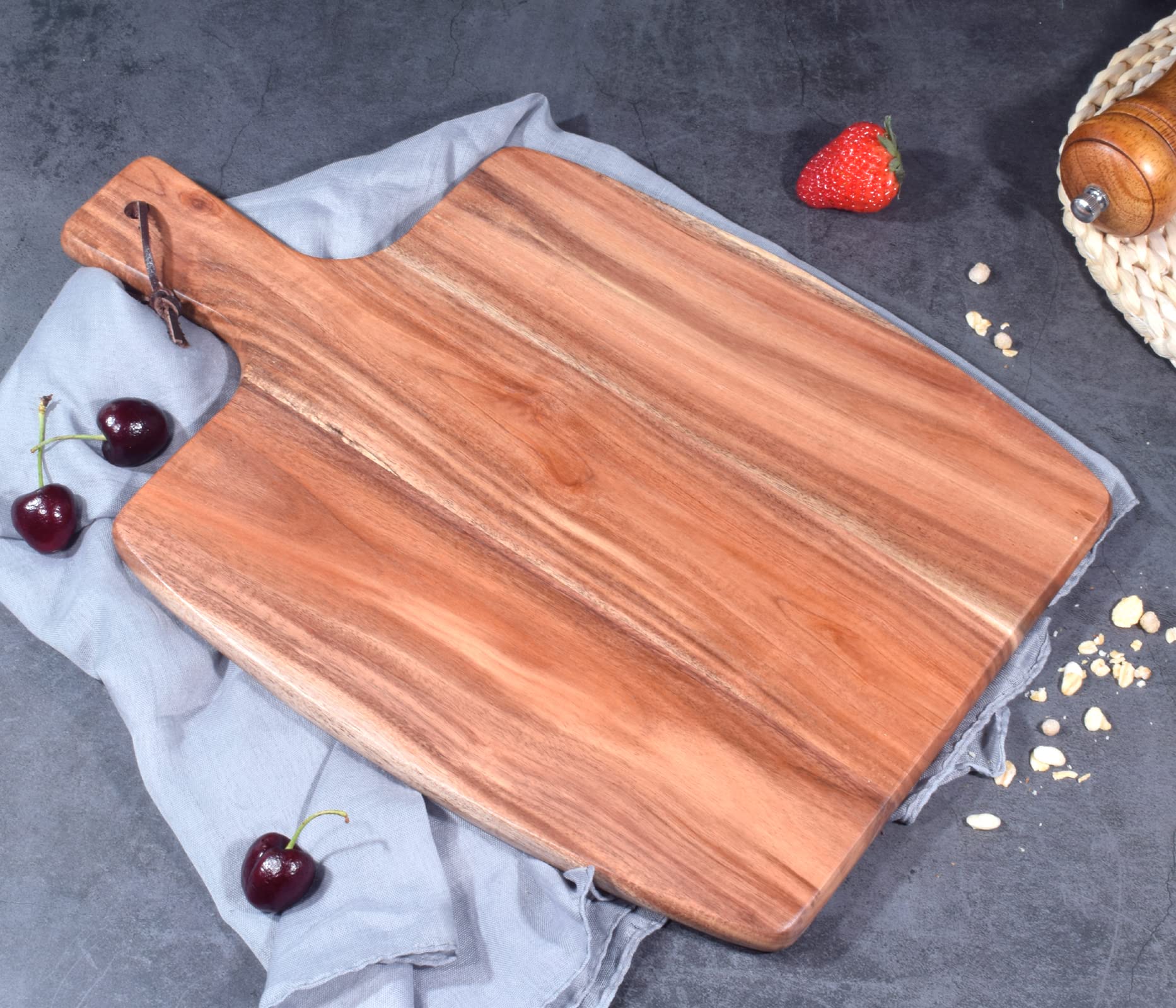 AMPSEVEN Large Acacia Wood Cutting Board with Handle - Wooden Chopping Board Charcuterie Board for Meat Vegetables Fruits Cheese Serving Kitchen Decor Countertop (15.7" x 10.6”)