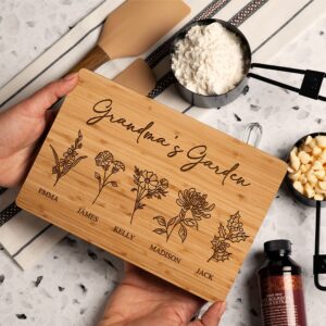 grandma's garden, personalized cutting board with birth flower design, 9x6", mothers day gifts for grandma, custom engraved gifts for mom, grandma - grandma gifts ideas - 5 names