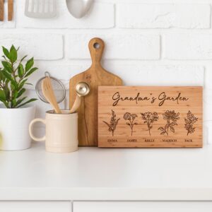 GRANDMA'S GARDEN, Personalized Cutting Board with Birth Flower Design, 9X6", Mothers Day Gifts for Grandma, Custom Engraved Gifts for Mom, Grandma - Grandma Gifts Ideas - 5 Names