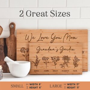 GRANDMA'S GARDEN, Personalized Cutting Board with Birth Flower Design, 9X6", Mothers Day Gifts for Grandma, Custom Engraved Gifts for Mom, Grandma - Grandma Gifts Ideas - 5 Names