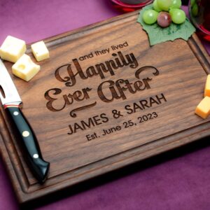 straga personalized cutting boards | handmade wood engraved charcuterie | custom wedding or anniversary gift for newlyweds or couples (happy ever after design no.014)