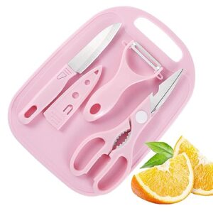 mini travel cutting board set, 4 pcs portable mini camping plastic cutting board & knife, fruits & vegetable peeler scissors(pink)