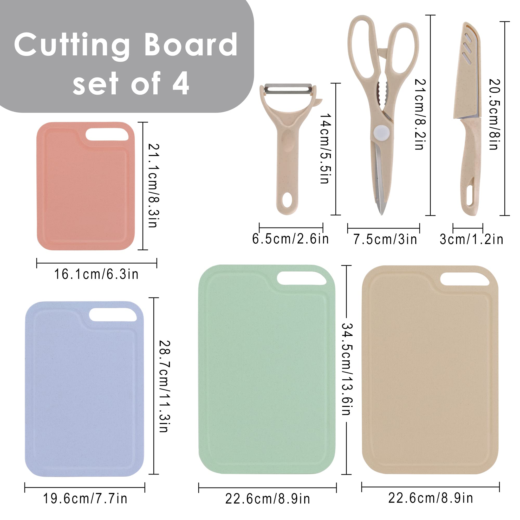 Arquiel Plastic Cutting Boards for Kitchen, 7 Pcs Multiple Size Cutting Boards with Fruits Vegetable Peeler Scissors Knife Set, Camping Kitchen Apartment Essentials