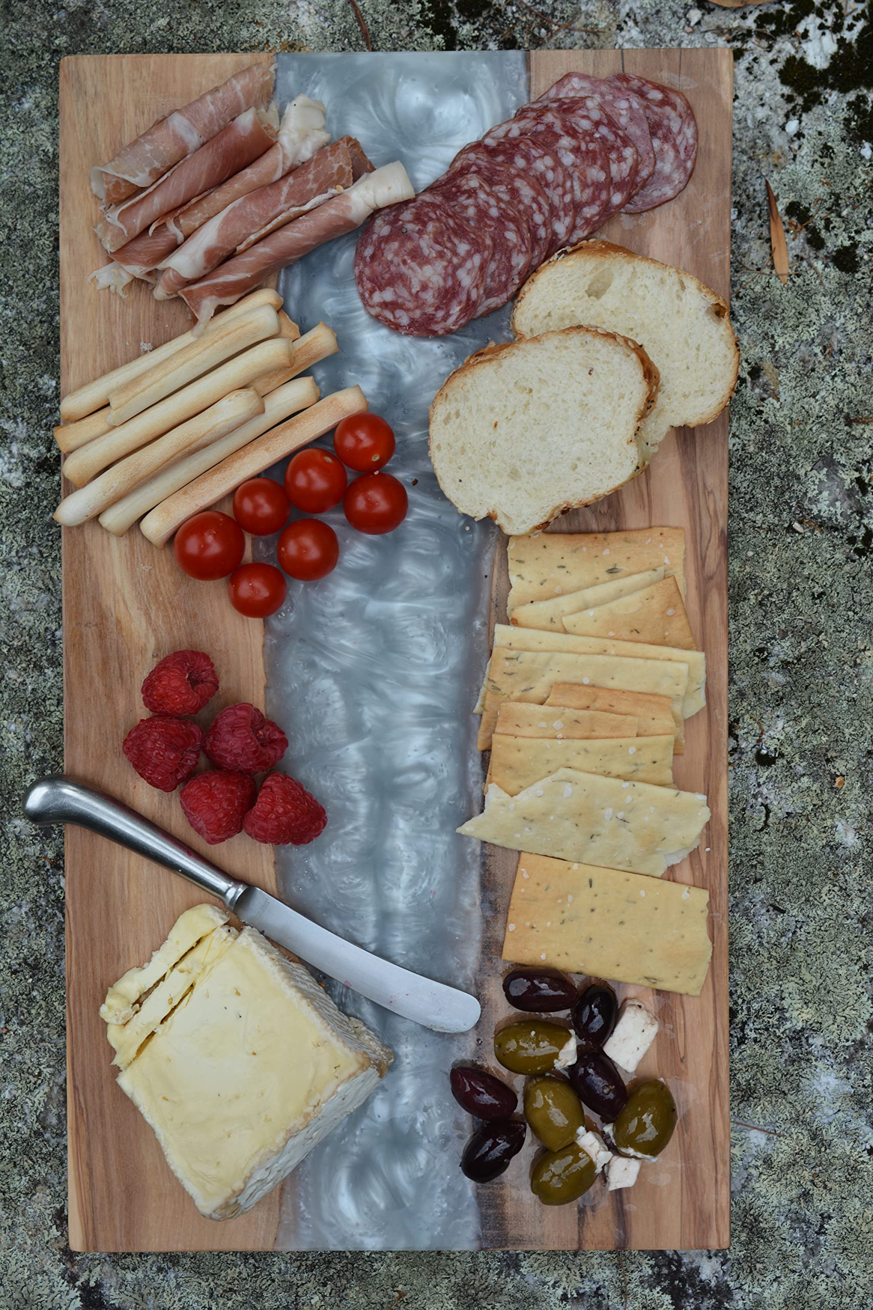 THE LIVE EDGE - Olive Wood Beautiful Charcuterie Board with Grey Resin | Epoxy Wood Cutting Board | Handmade Large Charcuterie Board | Wooden Cheese Board Set | Modern Cool Charcuterie Boards Gift Set