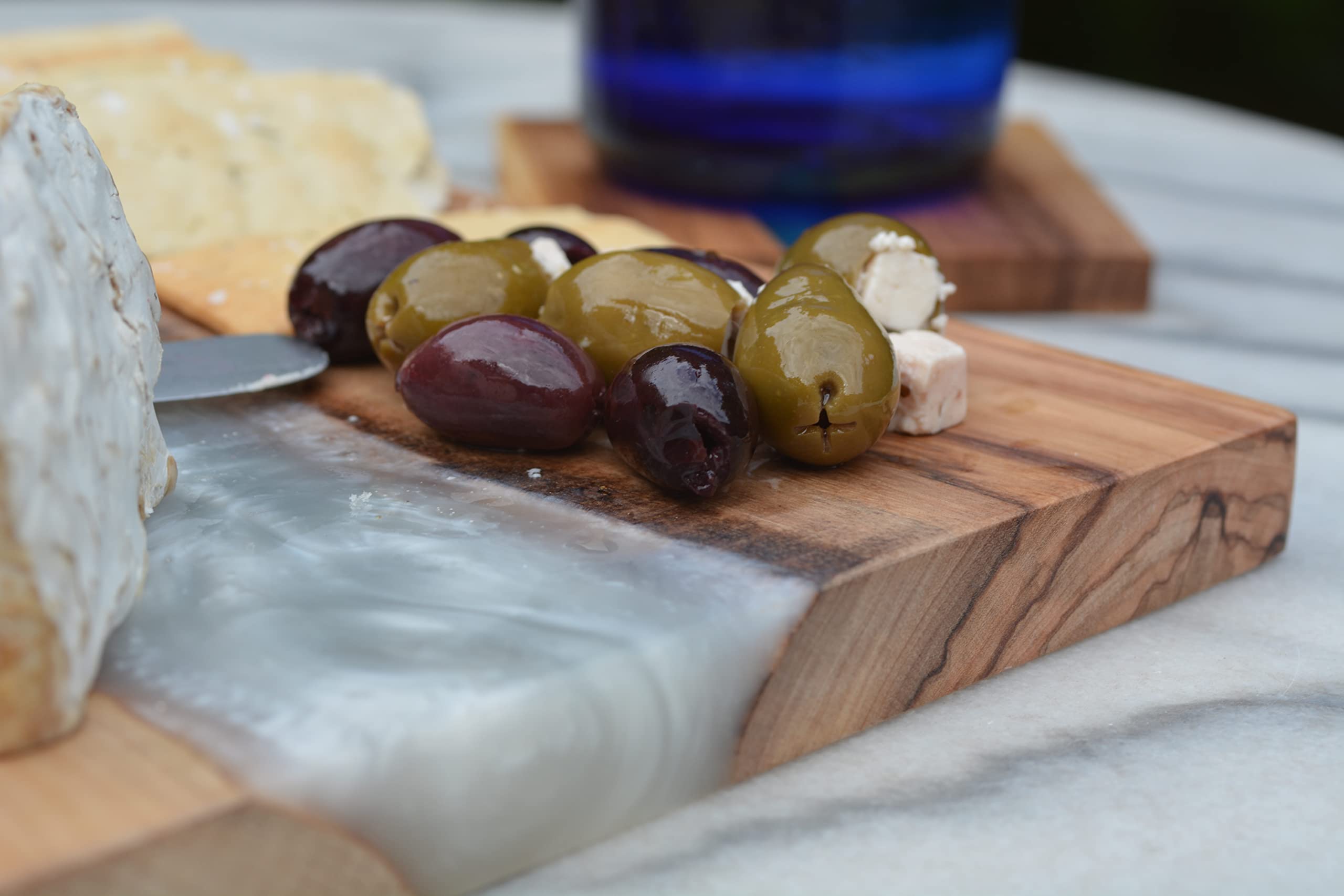 THE LIVE EDGE - Olive Wood Beautiful Charcuterie Board with Grey Resin | Epoxy Wood Cutting Board | Handmade Large Charcuterie Board | Wooden Cheese Board Set | Modern Cool Charcuterie Boards Gift Set