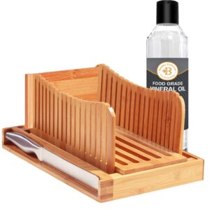 bamboo bread slicer and knife set with food-grade mineral oil - adjustable homemade bread cutting guide with stainless steel knife - essential bread making tools and supplies