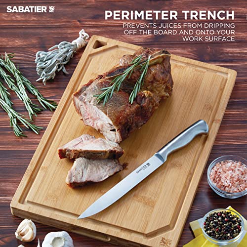 Sabatier Extra-Large Cutting Board with Juice Trench and Recessed Handles for Entertaining and Meal Prep, Reversible Kitchen Chopping Board, Bread Board with Built-In Grooves, 12x18 Inch, Bamboo