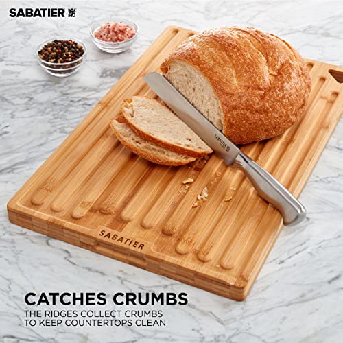 Sabatier Extra-Large Cutting Board with Juice Trench and Recessed Handles for Entertaining and Meal Prep, Reversible Kitchen Chopping Board, Bread Board with Built-In Grooves, 12x18 Inch, Bamboo