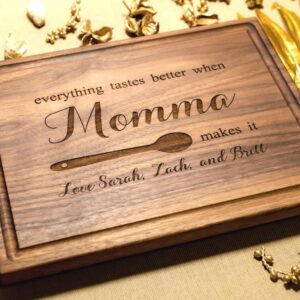 walnut artisan personalized cutting boards, custom mother's day gift idea, wood engraved charcuterie cheese board for grandmother, momma design 107