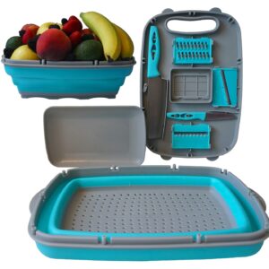 Cutting Board with Foldable Colander 10-in-1 Multipurpose Set Sturdy Compact Space-Saving Easy Cleaning Machine Washable Ideal for Kitchen Apartments Dorms Parks Picnics Beach Camping Travel RVs