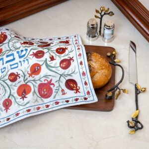 Yair Emanuel Wooden Challah Board with Sculpted Handles - Wooden Serving Tray for Shabbat (Pomegranates CBB-1)