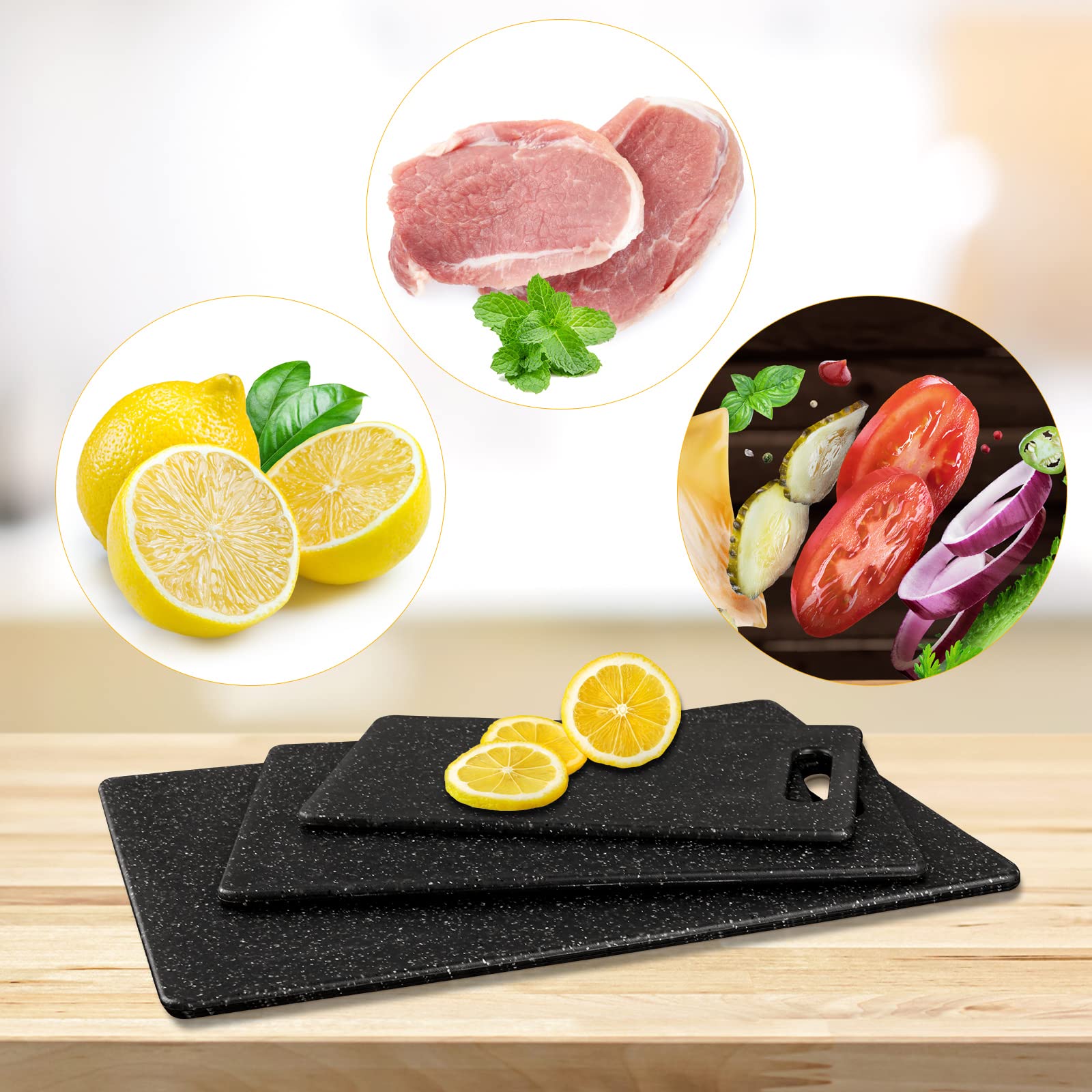 Plastic Cutting Board Set of 3, Kitchen Cutting Board, Dishwasher Safe, Easy to Clean and Grip Chopping Boards for Meat Veggies, 3 Size (Black)