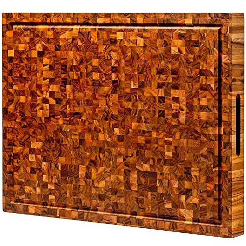 Extra Large End Grain Cutting Board [2" Thick] Made of Teak Wood and Conditioned with Beeswax, Linseed & Lemon Oil. 24" x 18" - Pixel Pattern - by Ziruma