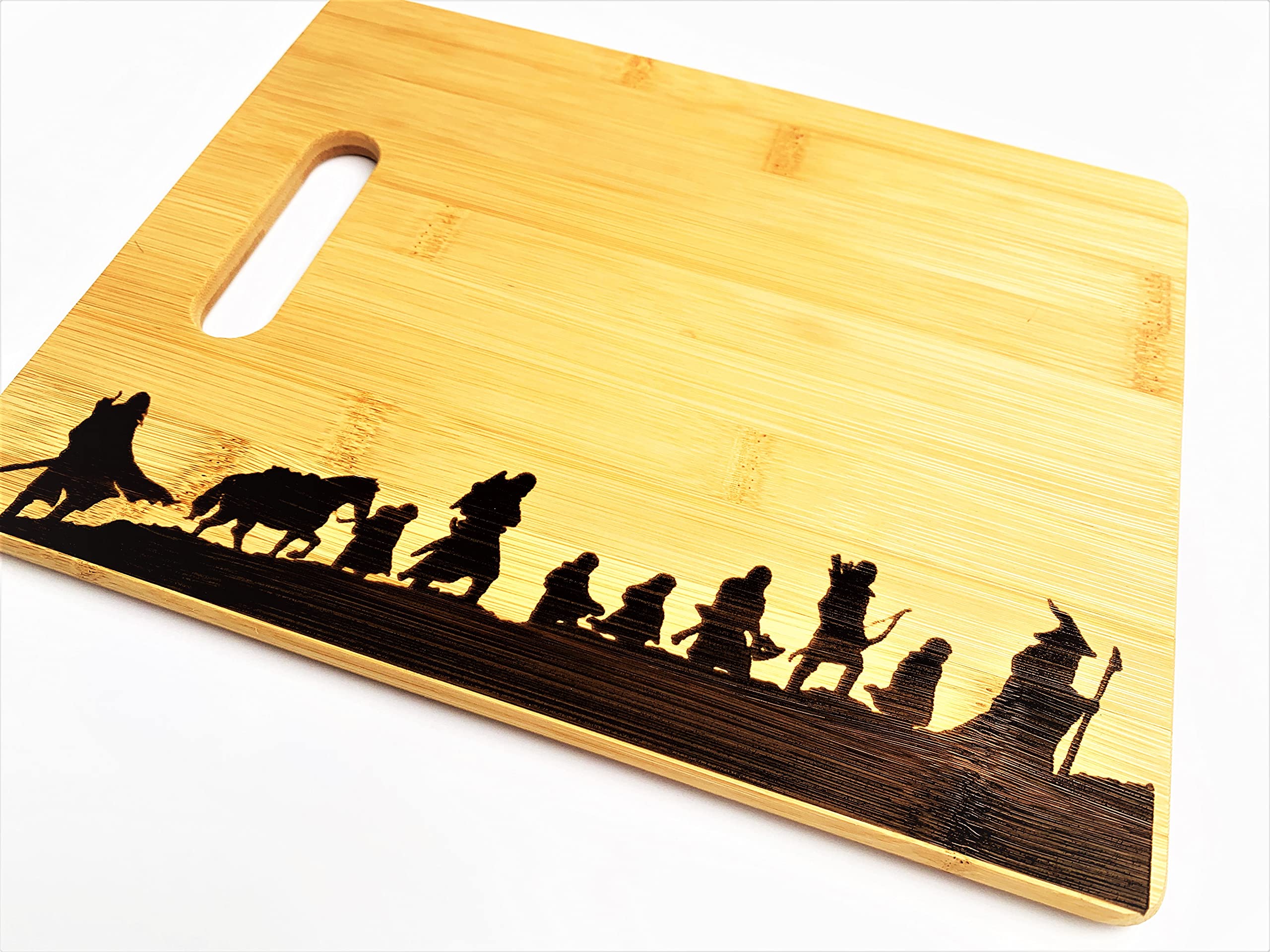 Lord of the Rings Fellowship of the Rings 8.5"x11" Engraved Sustainable Bamboo Wood Cutting Board with Handle