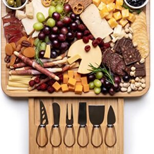 TMD Cheese Board with Knife Set (6pcs) – Elegant Charcuterie Boards with 2 Round Bowls – Wooden Charcuterie Board Set – Cheese board set to Display Your Assortments in Style