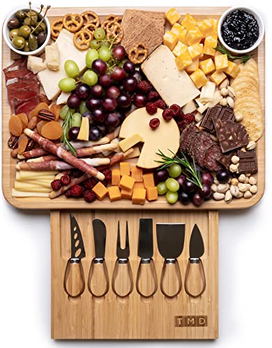 TMD Cheese Board with Knife Set (6pcs) – Elegant Charcuterie Boards with 2 Round Bowls – Wooden Charcuterie Board Set – Cheese board set to Display Your Assortments in Style