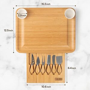 TMD Cheese Board with Knife Set (6pcs) – Elegant Charcuterie Boards with 2 Round Bowls – Wooden Charcuterie Board Set – Cheese board set to Display Your Assortments in Style