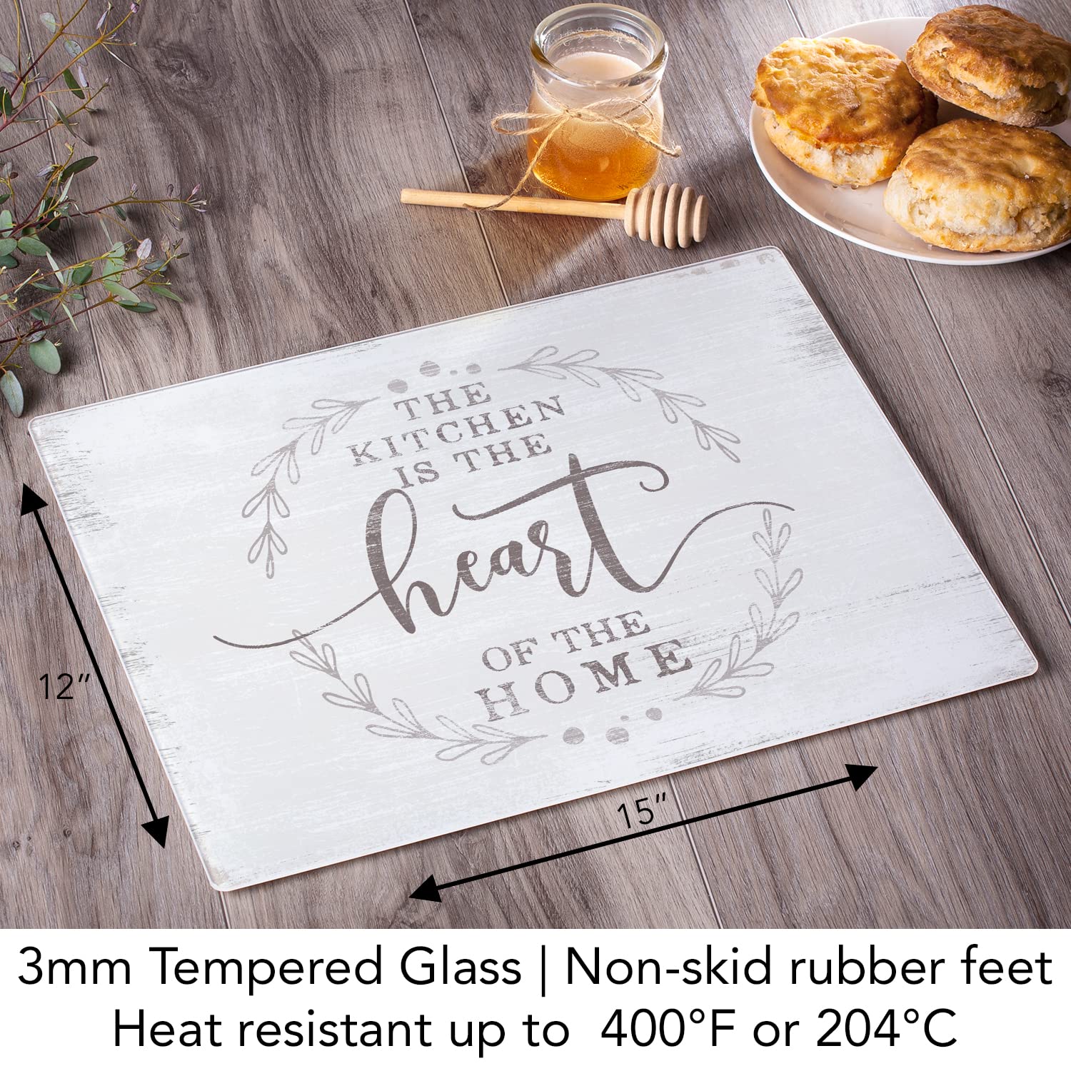 CounterArt Heart Of The Home 3mm Heat Tolerant Tempered Glass Cutting Board 15” x 12” Manufactured in the USA Dishwasher Safe