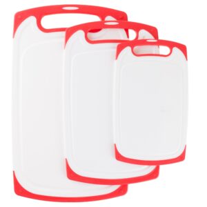 cutting board set- 3 piece plastic kitchen chopping boards for cooking food prep with juice groove by classic cuisine (red)