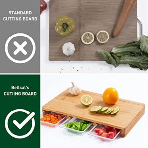 Bellsal Bamboo Cutting Board with Containers Prep Deck Tidy Board Meal Prep System Chopping Board with Trays Cutting Board with Storage for Kitchen