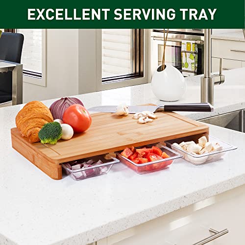Bellsal Bamboo Cutting Board with Containers Prep Deck Tidy Board Meal Prep System Chopping Board with Trays Cutting Board with Storage for Kitchen