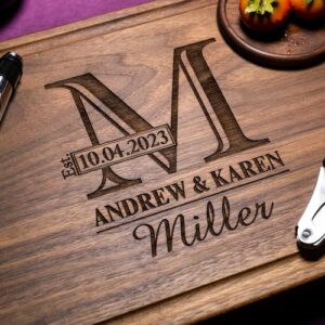 straga personalized cutting boards | handmade wood engraved charcuterie | custom wedding, anniversary, housewarming gift for couples monogram designs