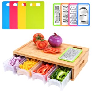 vchin cutting board with containers, lids, graters, large bamboo chopping board with juice groove, kitchen meal prep station - sturdy, organized, easy to use and clean