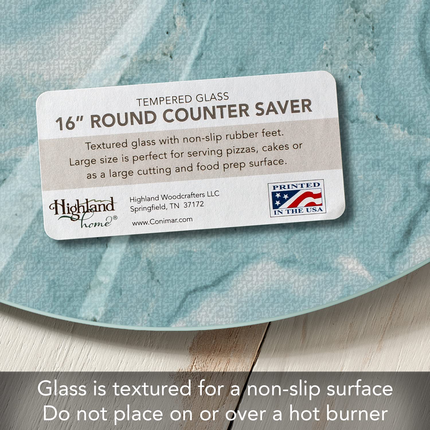 CounterArt Teal Quartz Design 4mm Heat Tolerant Round Tempered Glass Cutting Board 16" Round Manufactured in the USA Food Preparation Board, Cake Plate, Pizza Stand