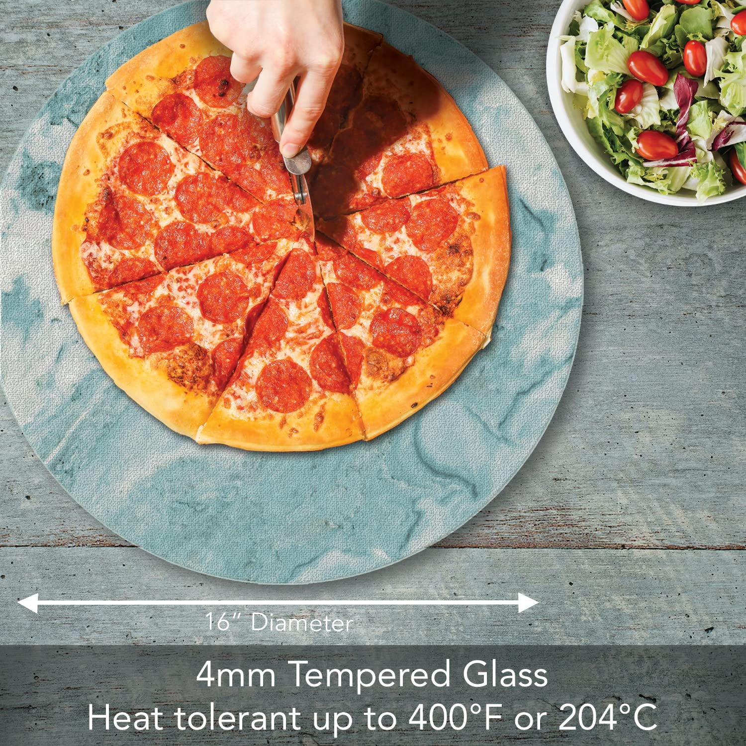 CounterArt Teal Quartz Design 4mm Heat Tolerant Round Tempered Glass Cutting Board 16" Round Manufactured in the USA Food Preparation Board, Cake Plate, Pizza Stand