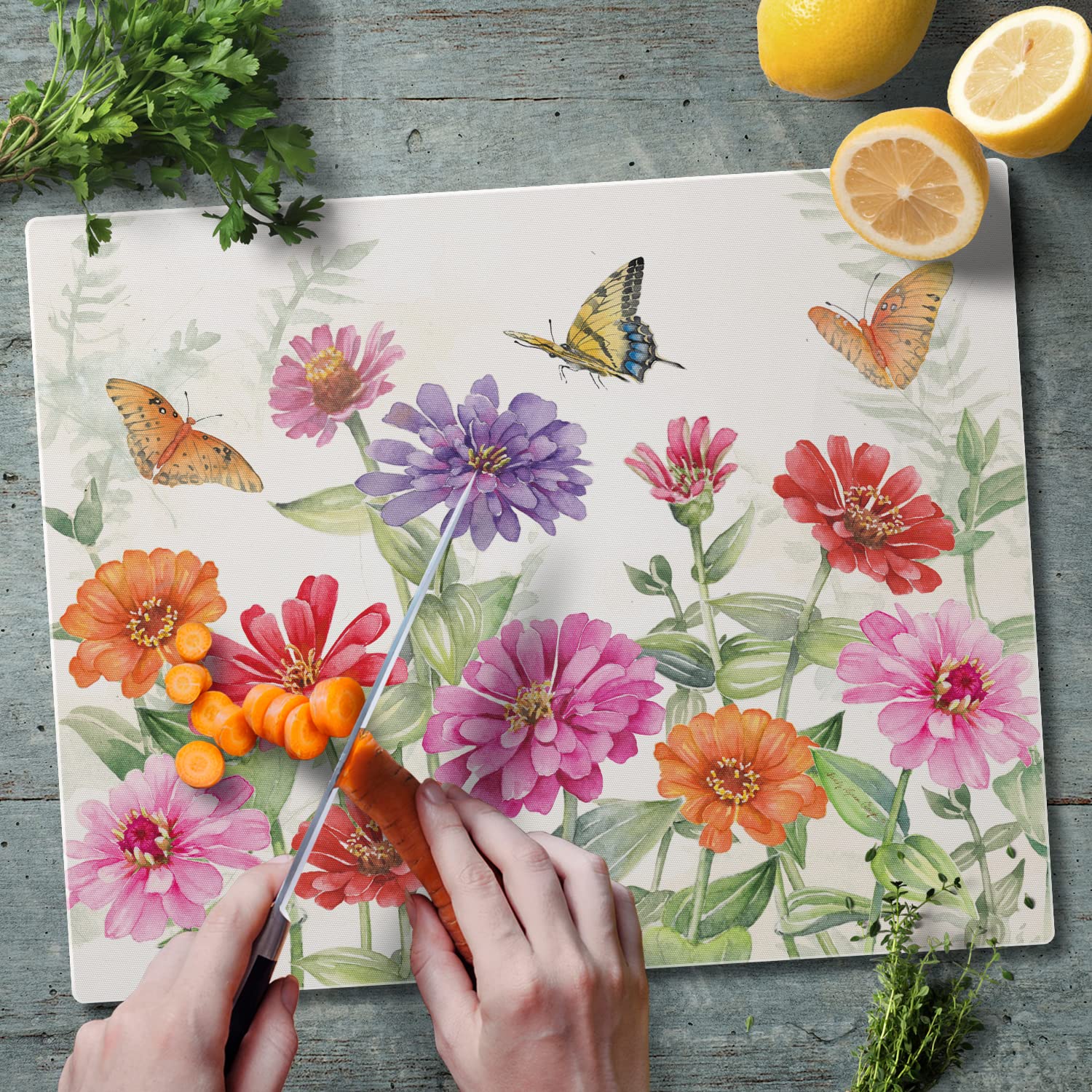 CounterArt Zinnias & Butterflies 3mm Heat Tolerant Tempered Glass Cutting Board 15” x 12” Manufactured in the USA Dishwasher Safe