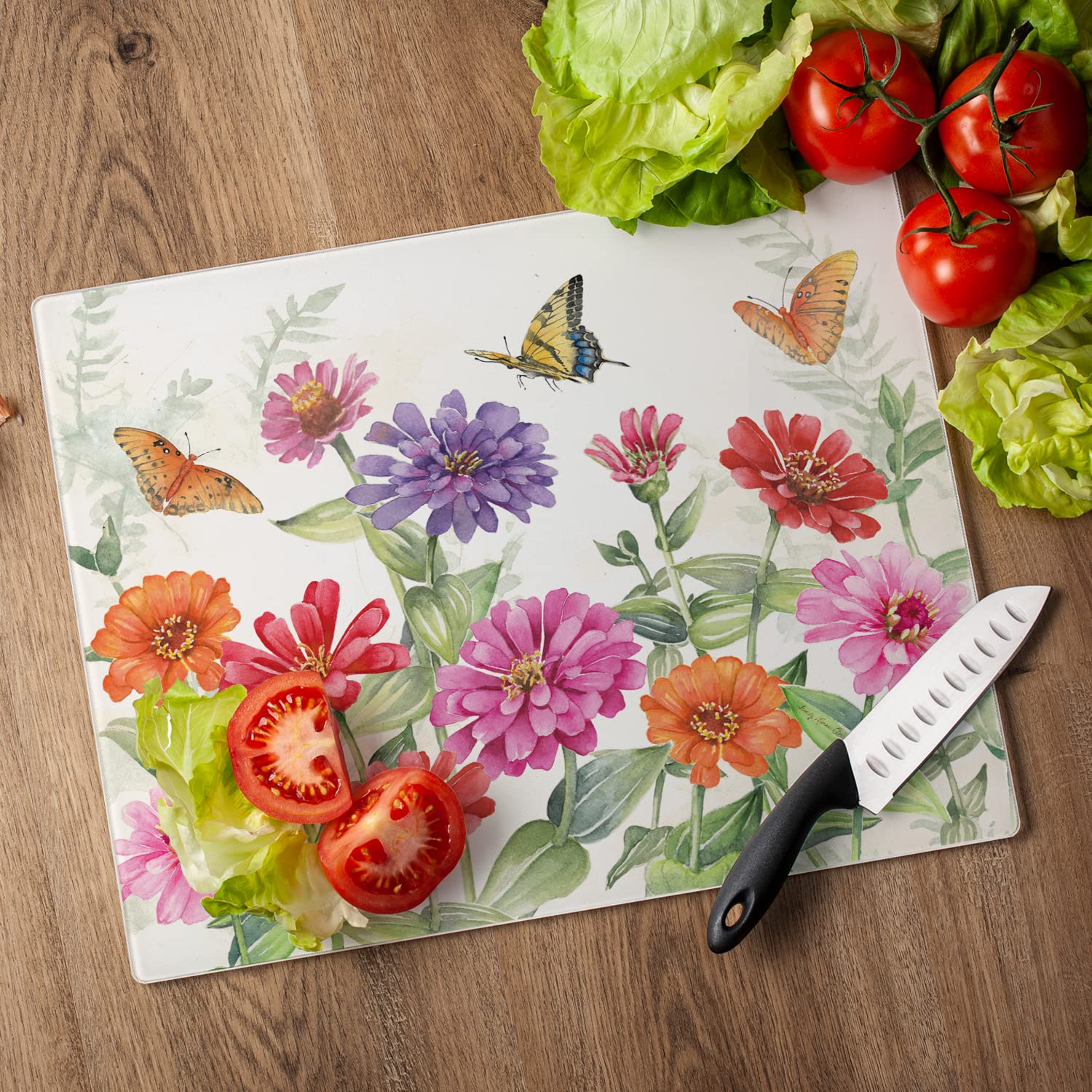 CounterArt Zinnias & Butterflies 3mm Heat Tolerant Tempered Glass Cutting Board 15” x 12” Manufactured in the USA Dishwasher Safe