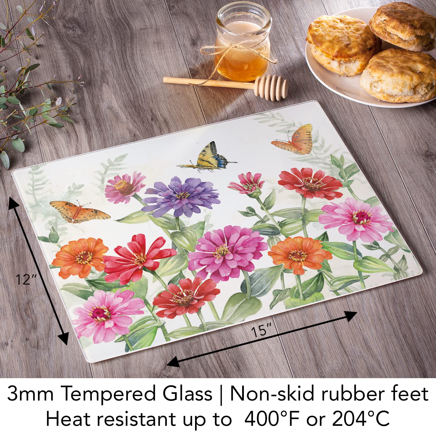 CounterArt Zinnias & Butterflies 3mm Heat Tolerant Tempered Glass Cutting Board 15” x 12” Manufactured in the USA Dishwasher Safe