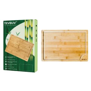 tevbuv large bamboo cutting board – 18 x 12-inch chopping board with juice groove for meat, vegetables, fruits, cheese – multipurpose wooden cutting board, serving tray, charcuterie board with handle