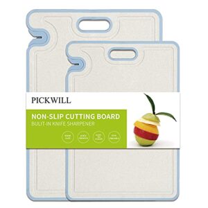 pickwill plastic cutting board set, plastic chopping boards for kitchen with knife sharpener, bpa free cutting boards with juice grooves easy-grip handle, non-slip, non-porous, dishwasher safe
